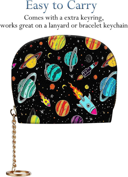 HOTRFID Credit Card Holder Wallet for Women, Small Leather Card Case with Zipper Keychain, Slim Accordion Card Organizer for Cash Coins ID Business Cards,Outer Space Planet Rocket Stars