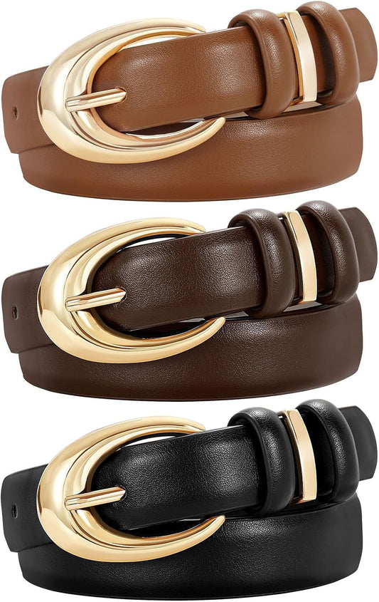 HOTTRIWORKS 3 Pack Women Leather Belt for Jeans Pants Fashion Ladies Faux Leather Belt with Gold Buckle