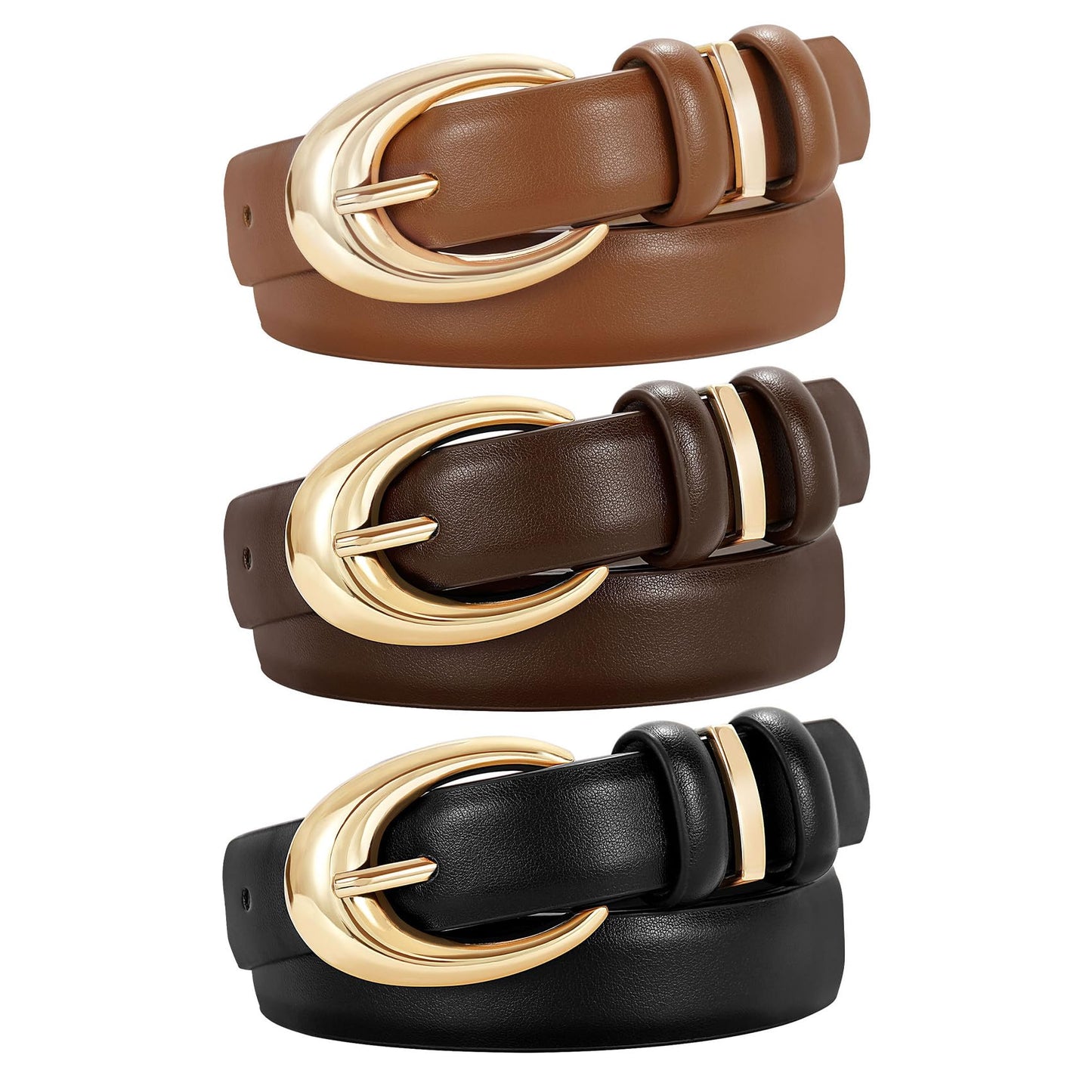 HOTTRIWORKS 3 Pack Women Leather Belt for Jeans Pants Fashion Ladies Faux Leather Belt with Gold Buckle