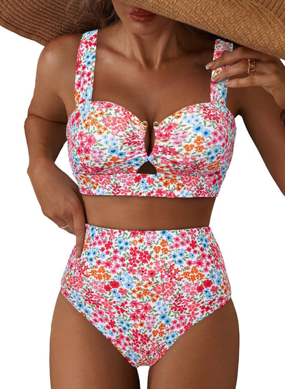 HOTHerseas Women's 2 Piece U Wire Cutout Bikini Sets Floral Print High Waisted Swimsuit 2026 Summer Beach Swim Bathing Suit