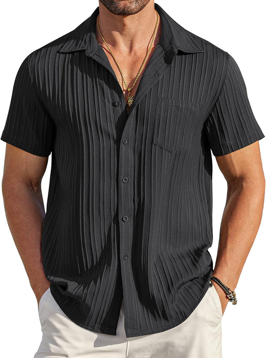 HOTCOOFANDY Men's Casual Button Down Shirts Short Sleeve Textured Summer Beach Shirt with Pocket