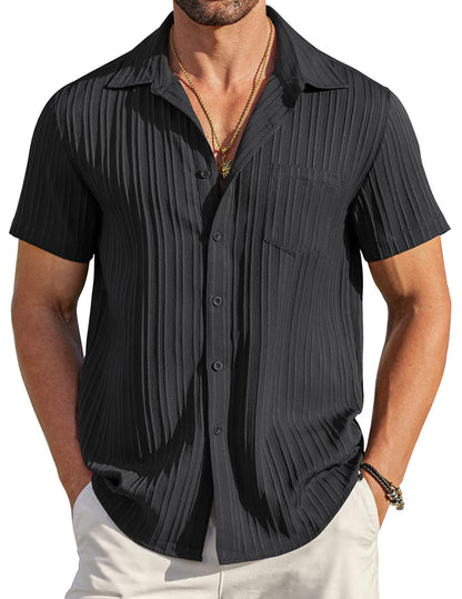 HOTCOOFANDY Men's Casual Button Down Shirts Short Sleeve Textured Summer Beach Shirt with Pocket
