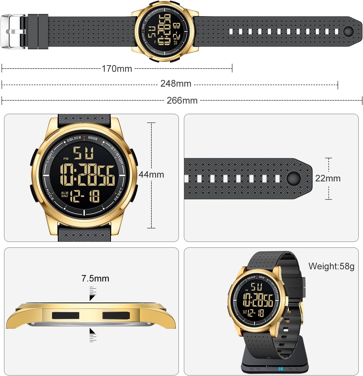 HOTGOLDEN HOUR Ultra-Thin Minimalist Sports Waterproof Digital Watches Men with Wide-Angle Display Rubber Strap Wrist Watch for Men Women