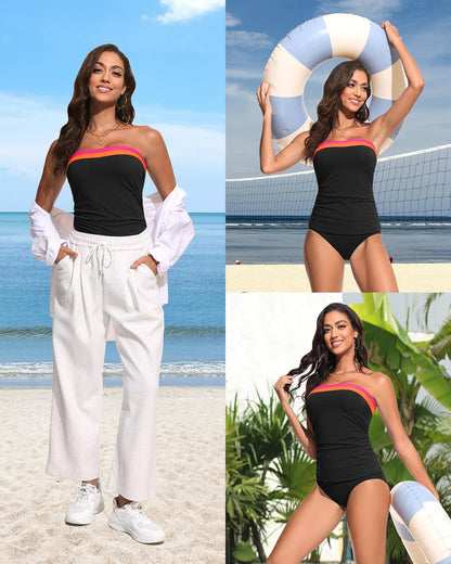 HOTDaci Women Strapless Tankini Tummy Control 2 Piece Bandeau Swimsuit | Full Coverage,Removable&Adjustable Straps,Built-in Soft Unremovable Bra,Ruched Tummy Control,Mid Waist Bottom,Fully Lined
