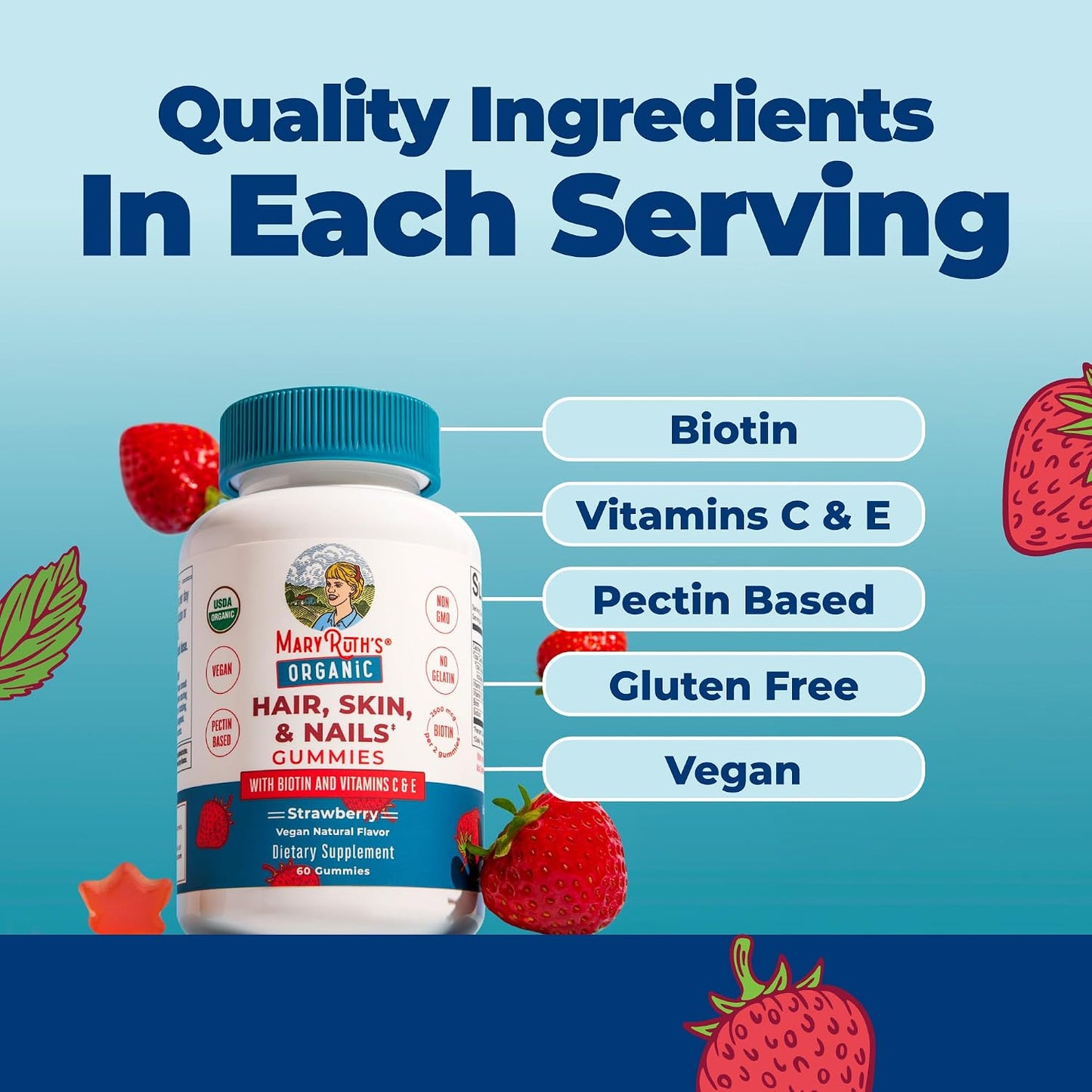 HOTMARYRUTH'S Hair Skin and Nail Vitamins | USDA Organic | 2500 mcg Biotin Gummies with Vitamin C & Vitamin E | Hair Growth Vitamins | Skin Care | Nail Growth | Ages 14+ | 60 Count
