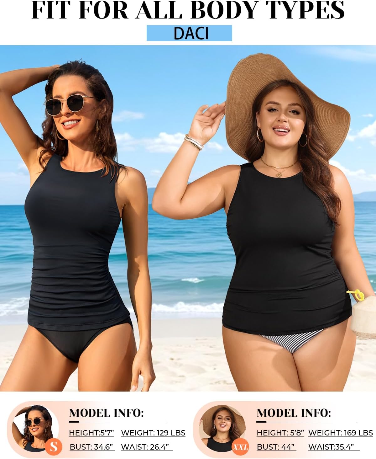 HOTDaci Tankini Tops for Women Tummy Control Swim Top Only | High Neck, Ruched Front, Full Coverage, Removable Pads, No Bottom, Soft Stretch Fabric, Fully Lined, Beach and Water Sports