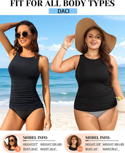 HOTDaci Tankini Tops for Women Tummy Control Swim Top Only | High Neck, Ruched Front, Full Coverage, Removable Pads, No Bottom, Soft Stretch Fabric, Fully Lined, Beach and Water Sports