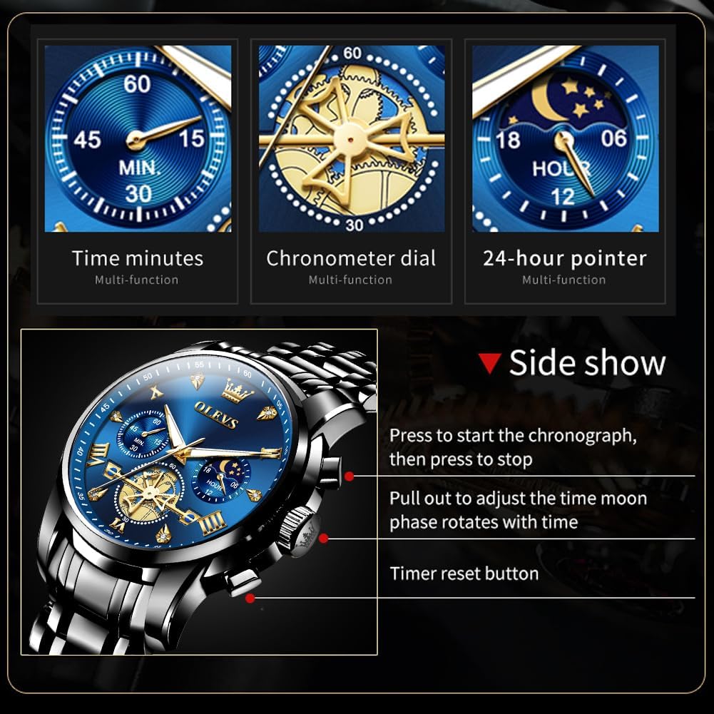 HOTOLEVS Watch Men Waterproof Stainless Steel Quartz Chronograph Analog Watch