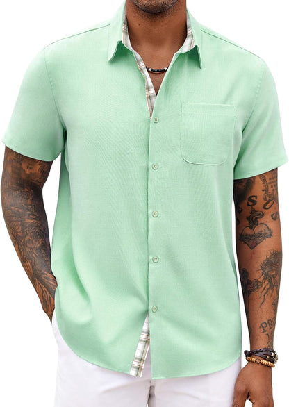 HOTCOOFANDY Men's Button Down Shirts Short Sleeve Casual Summer Beach Vacation Wedding Shirt with Pocket