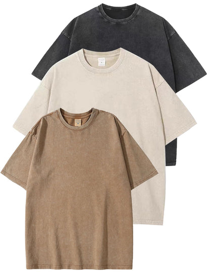 HOTFlygo 3 Pack Men Oversized T Shirts Acid Washed Unisex Tee Loose Fit Short Sleeve Casual Streetwear Baggy Basic Tops