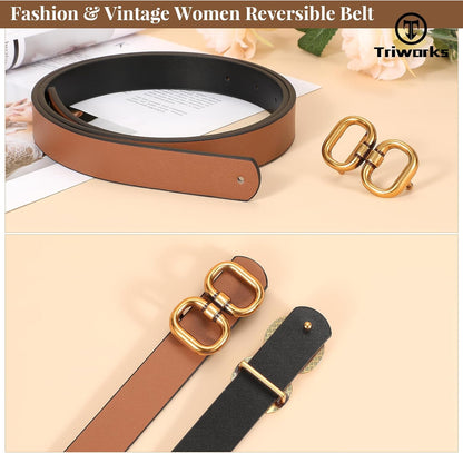 HOTTRIWORKS Reversible Leather Belt for Women with Gold Buckle Ladies Leather Belt for Jeans Pants