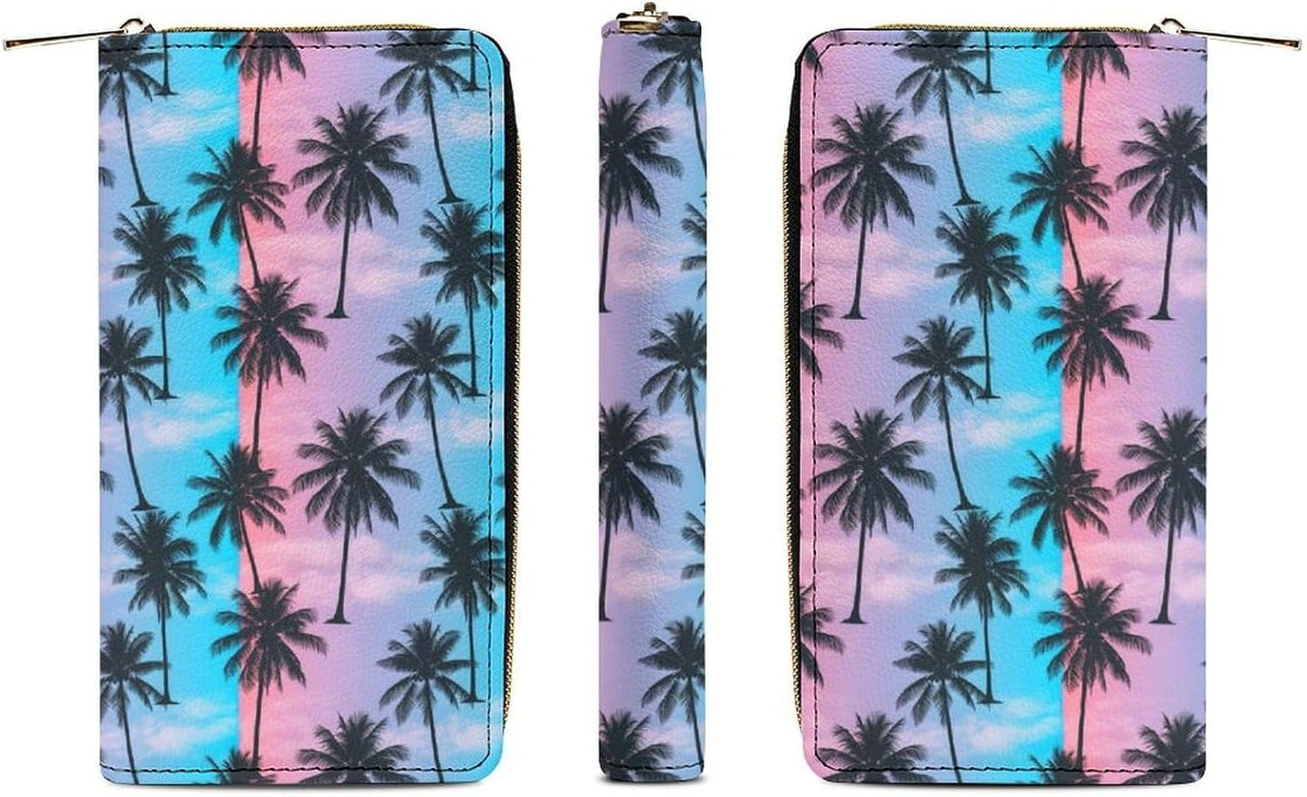 HOTUnisex Large Capacity Leather Wallet Purple Sky Palm Trees, Secure Lightweight Printed Design, Portable Purse for Daily Use & Outdoor Activities