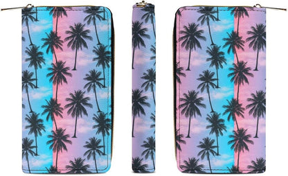 HOTUnisex Large Capacity Leather Wallet Purple Sky Palm Trees, Secure Lightweight Printed Design, Portable Purse for Daily Use & Outdoor Activities