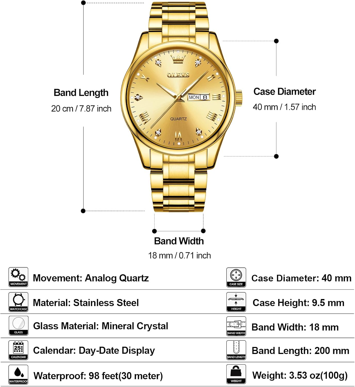 HOTOLEVS Men's Luxury Stainless Steel Watch, Big Face Gold Silver Two Tone Three Hand Analog Quartz Watch, Easy to Read Waterproof Luminous Day Date Wrist Watches for Men
