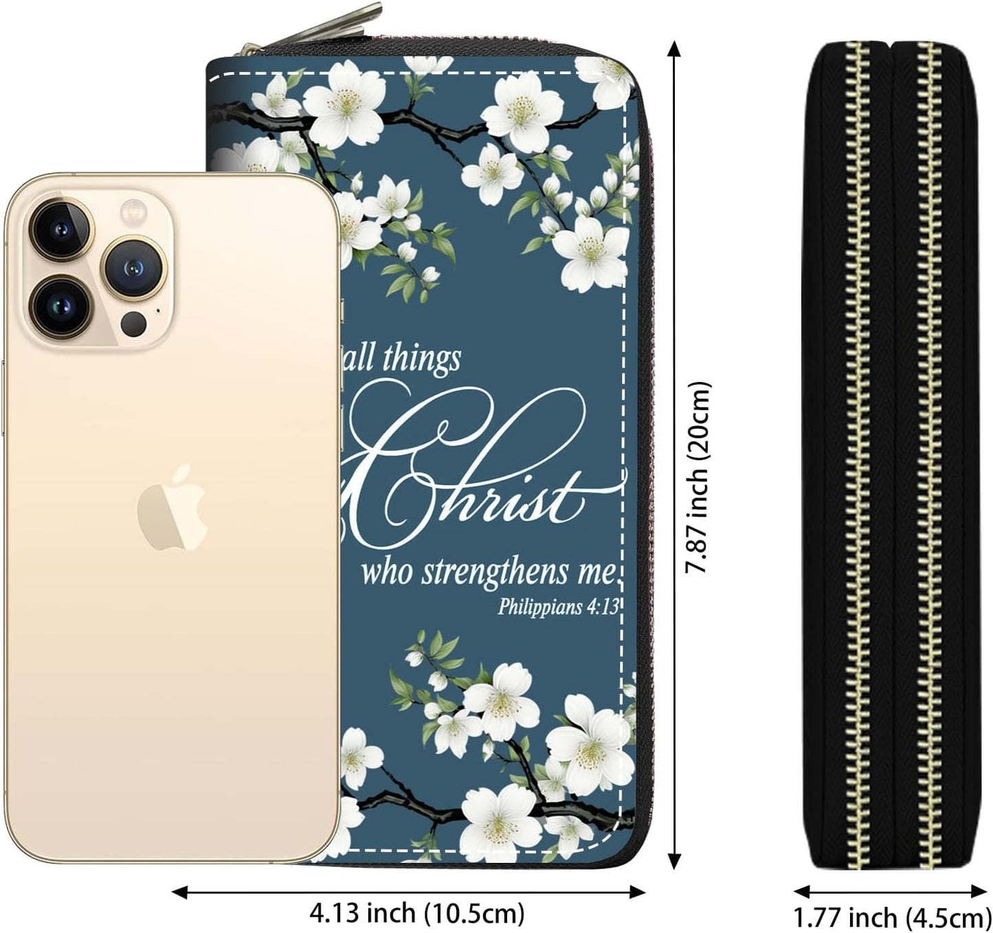 HOTWomen's Large Capacity Wallet PU Leather Double Zipper Clutch Purse Multifunctional Wallet with Removable Wristlet Strap for Smart Phone/Coin/Card/Cash, Floral Quotes Bible Verse Philippians 4-13