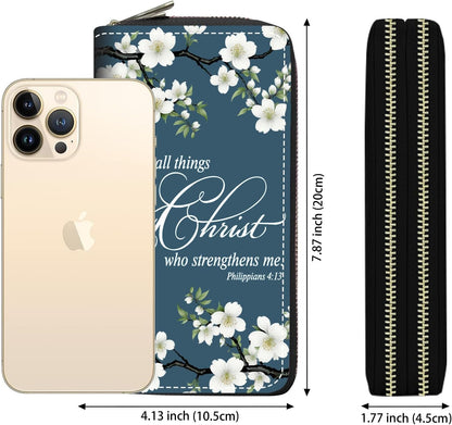 HOTWomen's Large Capacity Wallet PU Leather Double Zipper Clutch Purse Multifunctional Wallet with Removable Wristlet Strap for Smart Phone/Coin/Card/Cash, Floral Quotes Bible Verse Philippians 4-13