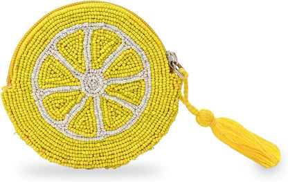 HOTAmerica & Beyond Hand-Beaded Lime Citrus Coin Pouch Mini Zip Pouch with Tassel, 5" x 3.5"