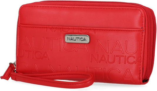 HOTNautica On The Double Zip Around Vegan Leather Womens RFID Clutch Wallet With Wristlet Strap, Fuego Red