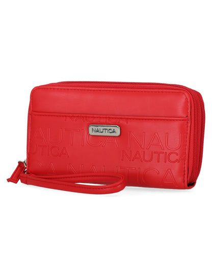 HOTNautica On The Double Zip Around Vegan Leather Womens RFID Clutch Wallet With Wristlet Strap, Fuego Red