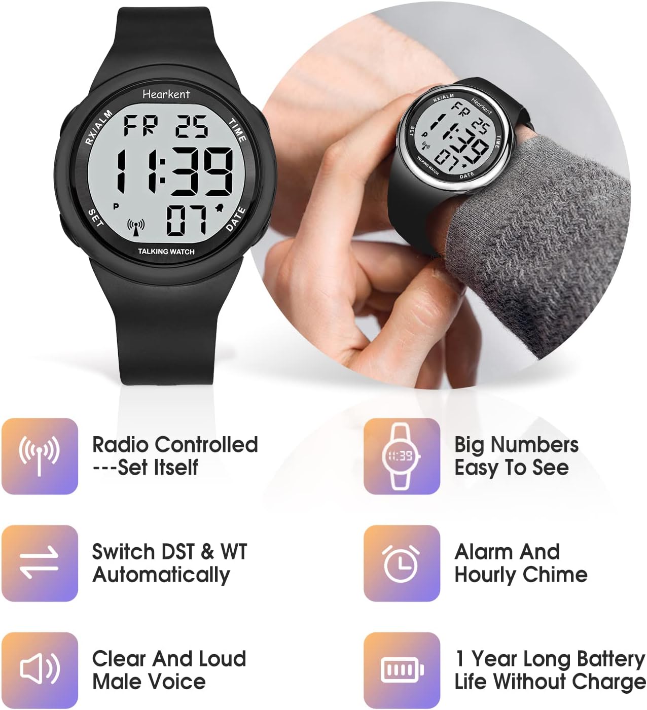 HOTHearkent Atomic Talking Watch Sets Itself for Visually impaired or Seniors LCD Big Number Easy-to-Read Talking Watch for Elderly