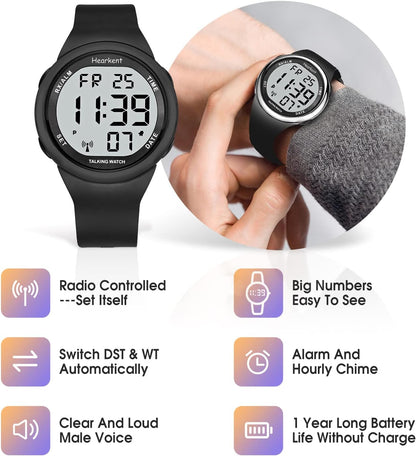 HOTHearkent Atomic Talking Watch Sets Itself for Visually impaired or Seniors LCD Big Number Easy-to-Read Talking Watch for Elderly