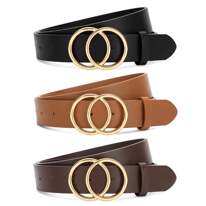 HOTSANSTHS 3 Pack Women Waist Belts for Jeans Pants Dresses, Ladies Belt with Double O-Ring Gold Buckle