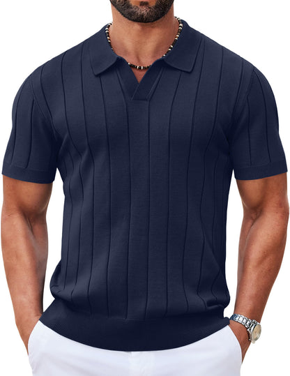 HOTCOOFANDY Mens Polo Shirts Short Sleeve V Neck Knit Shirts for Men Casual Old Money Clothes Mens Golf Shirt