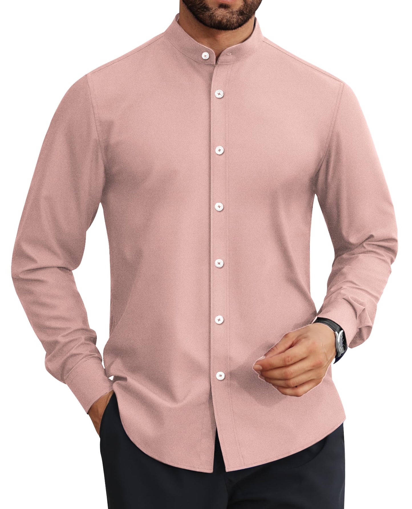 HOTLion Nardo Mens Dress Shirts Wrinkle Free Dress Shirts for Men Long Sleeve Button Down Shirts Banded Collar Shirts