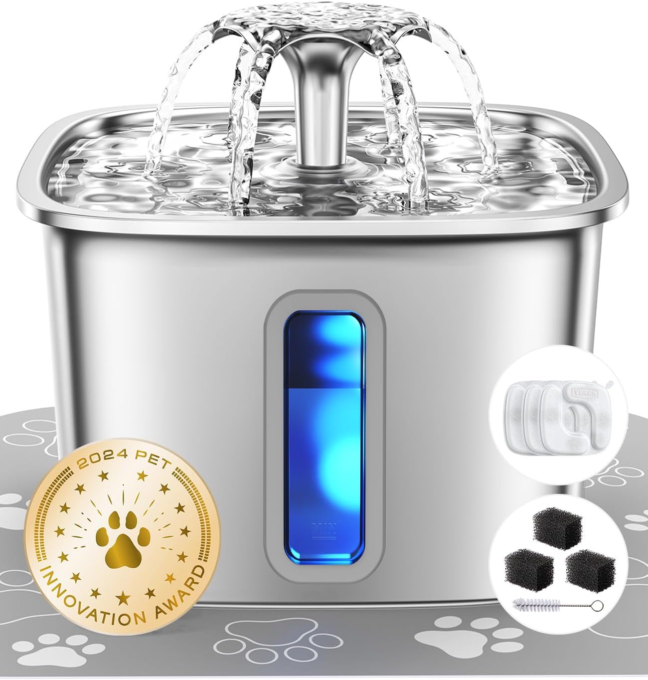 HOTVeken Innovation Award Winner Stainless Steel Cat Water Fountain, 108oz/3.2L Automatic Pet Fountain Dog Water Dispenser with 3 Replacement Filters & Silicone Mat, Gifts for Cats, Dogs (Silver)