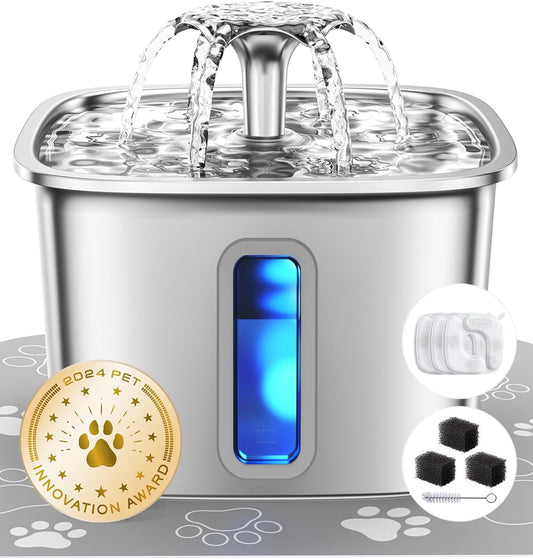 HOTVeken Innovation Award Winner Stainless Steel Cat Water Fountain, 108oz/3.2L Automatic Pet Fountain Dog Water Dispenser with 3 Replacement Filters & Silicone Mat, Gifts for Cats, Dogs (Silver)