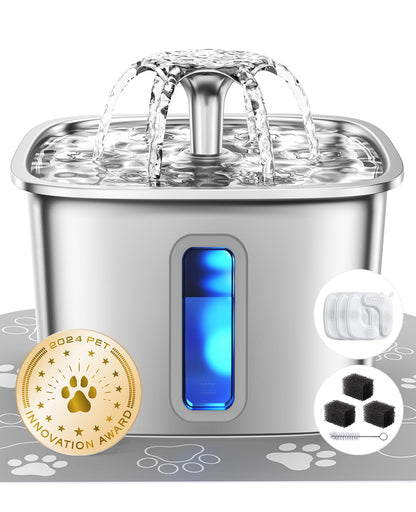 HOTVeken Innovation Award Winner Stainless Steel Cat Water Fountain, 108oz/3.2L Automatic Pet Fountain Dog Water Dispenser with Replacement Filters & Silicone Mat for Cats, Dogs (Tea Green)