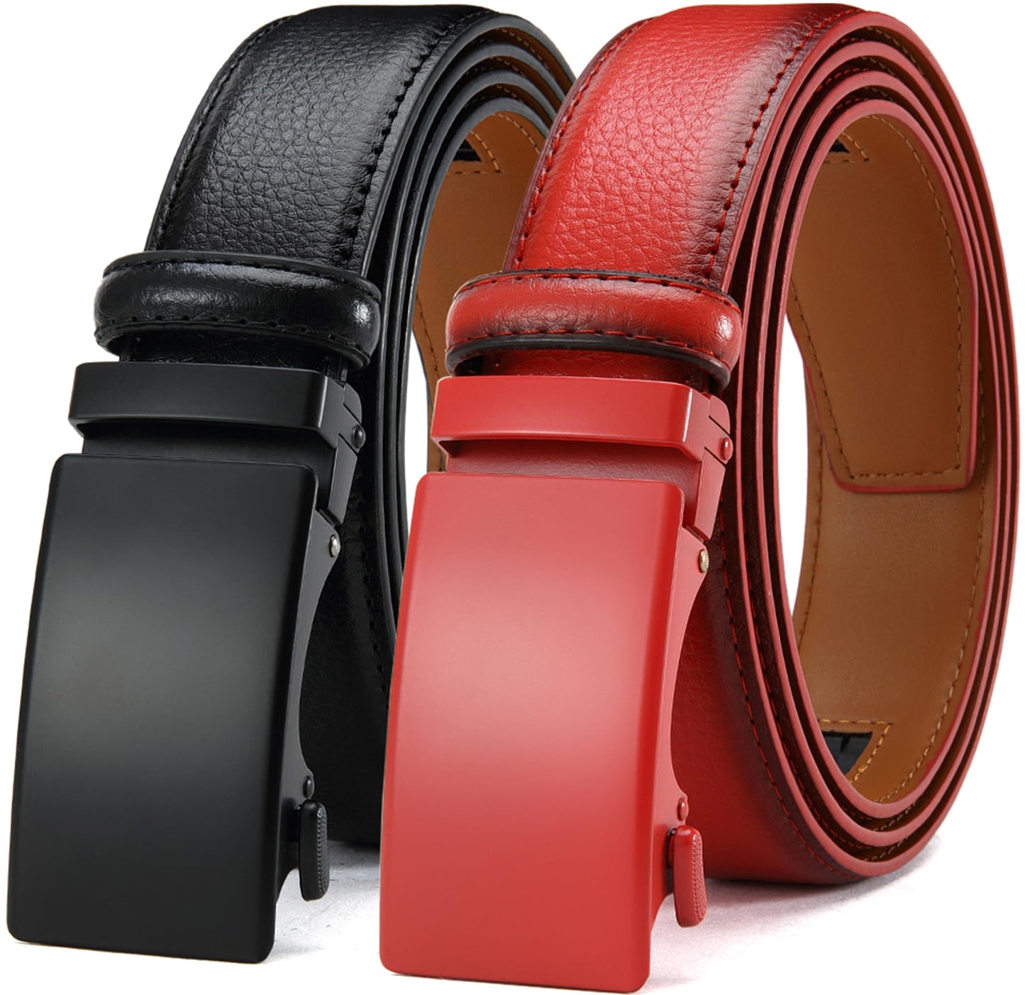 HOTDOOPAI Men's Leather Ratchet Belts 2 Pack Adjustable Click Belt Set for Dress & Casual, Custom Fit 1 3/8" (35mm) -Trim to Fit