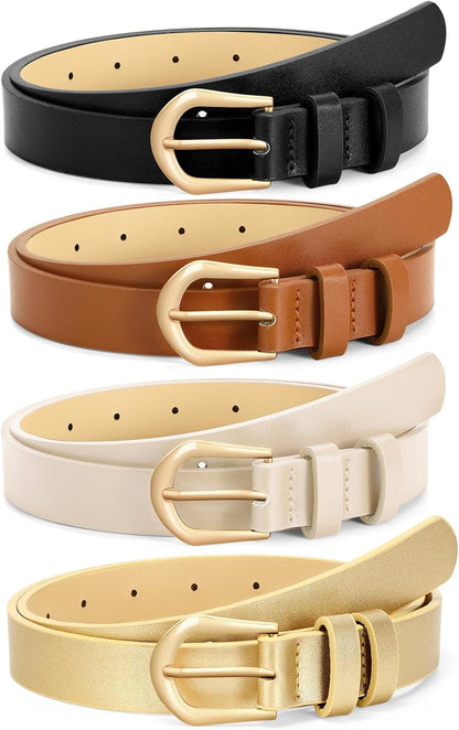 HOTVONMELLI 4 Pack Womens Thin Leather Belt Skinny Waist Belts for Women Fashion Jeans Dress with Gold Buckle