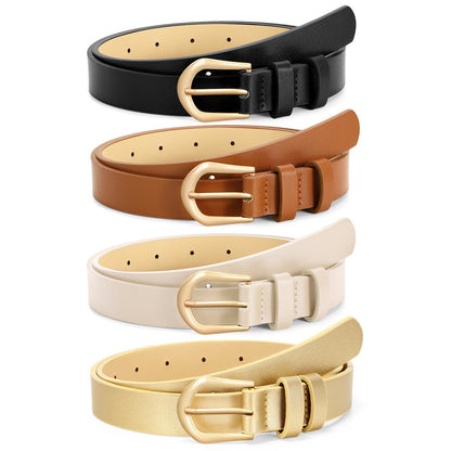 HOTVONMELLI 4 Pack Womens Thin Leather Belt Skinny Waist Belts for Women Fashion Jeans Dress with Gold Buckle