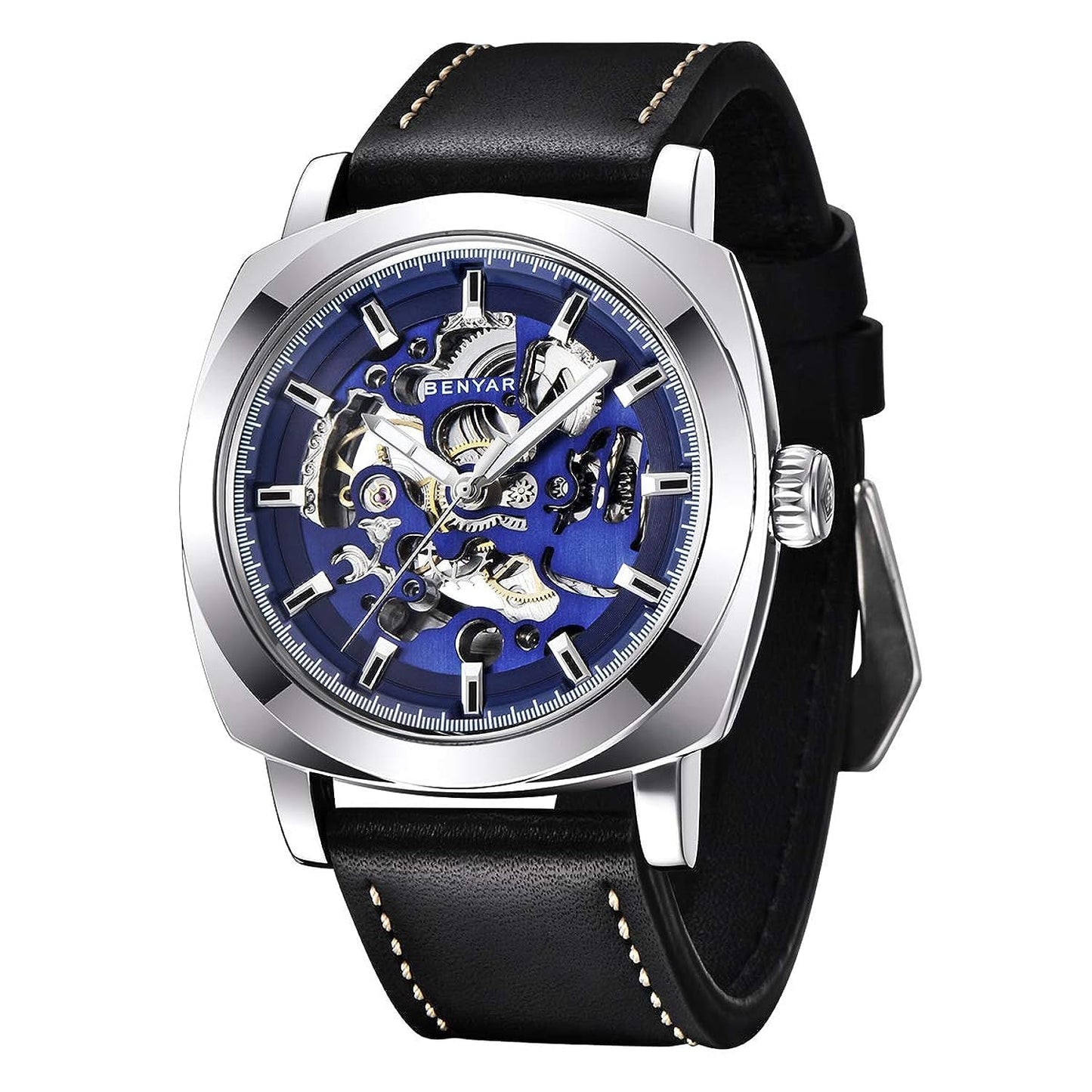 HOTBENYAR Men's Mechanical Automatic Watch | Leather Strap | Gold Movement | 45mm Skeleton Dial | Water Resistant and Scratch Resistant Stylish Gift