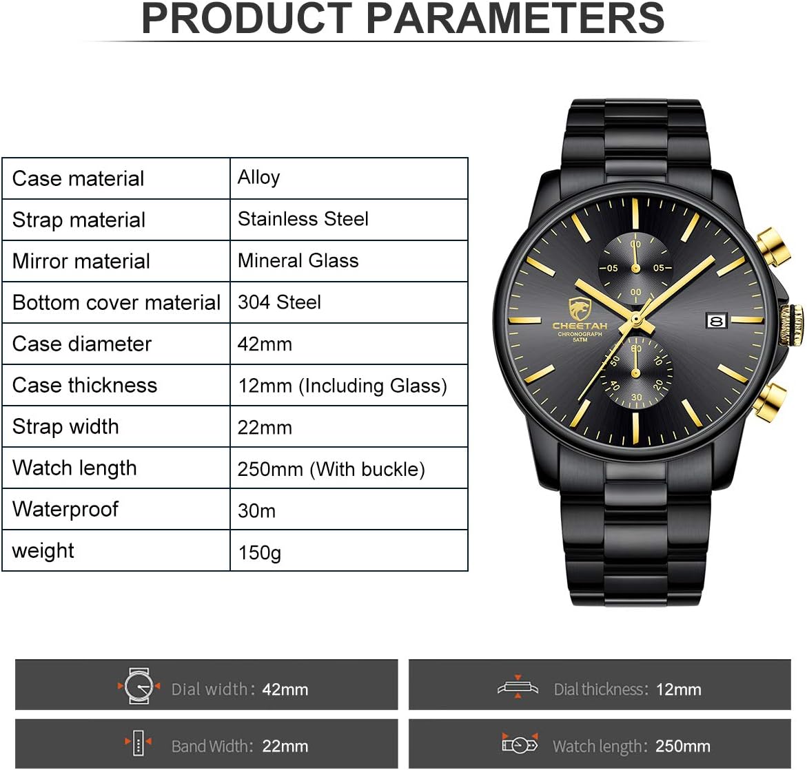 HOTGOLDEN HOUR Fashion Business Mens Watches with Stainless Steel Waterproof Chronograph Quartz Watch for Men, Auto Date
