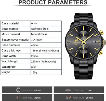 HOTGOLDEN HOUR Fashion Business Mens Watches with Stainless Steel Waterproof Chronograph Quartz Watch for Men, Auto Date