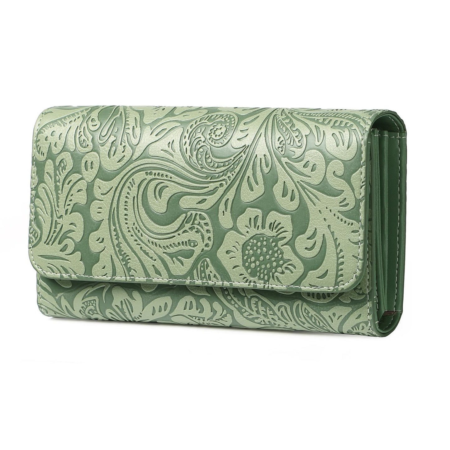 HOTGOIACII Leather Wallets for Women RFID Blocking Western Clutch Brown | Embossed Design, Trifold, Large Billfolds, Vintage Flower, Ladies Purses with Zipper Coin Pocket