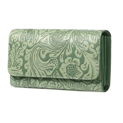 HOTGOIACII Leather Wallets for Women RFID Blocking Western Clutch Brown | Embossed Design, Trifold, Large Billfolds, Vintage Flower, Ladies Purses with Zipper Coin Pocket