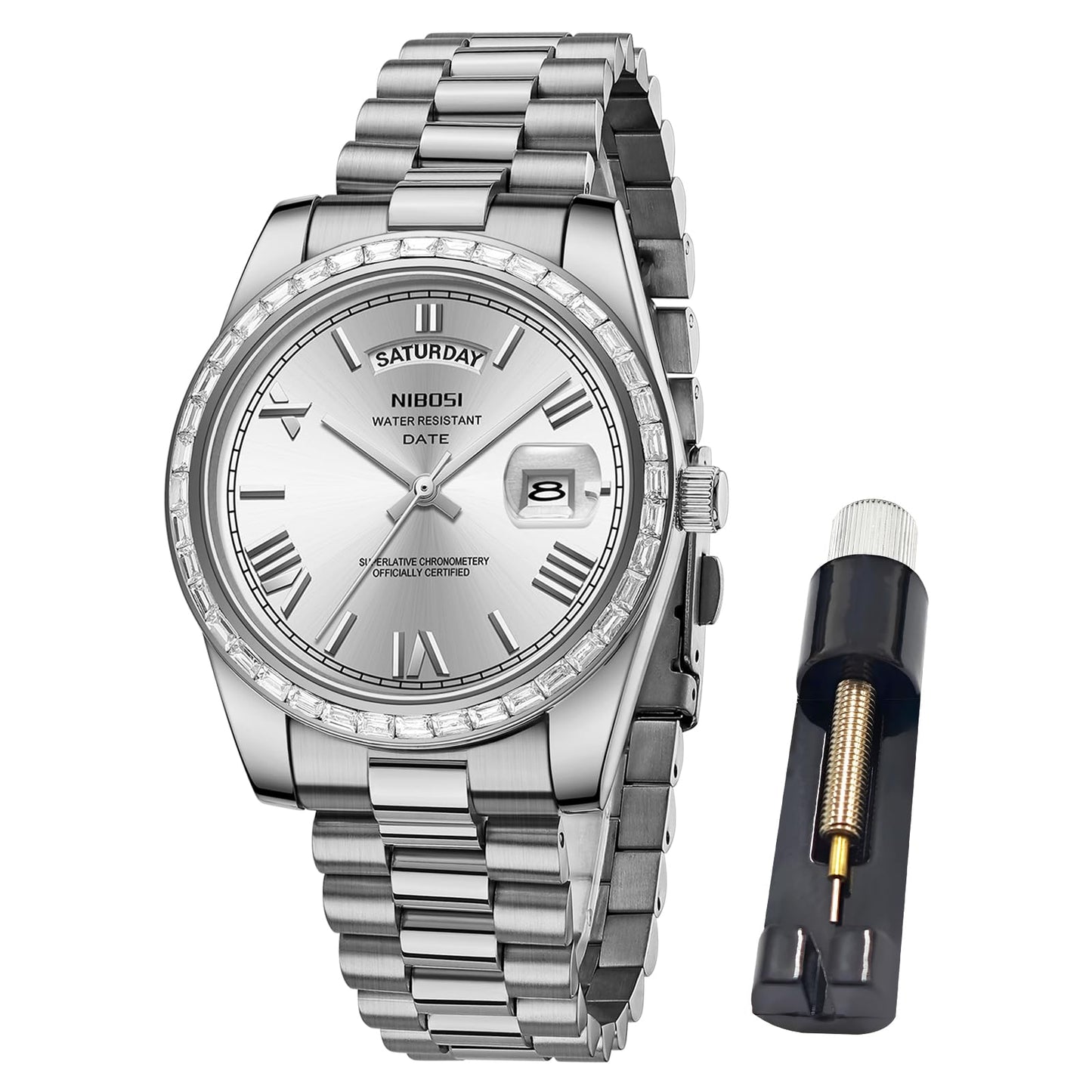 HOTNIBOSI Men's Watches Analog Quartz Diamond Bezel Stainless Steel Dial Rose Gold Silver Watches for Men Waterproof Business Classic Dress Wrist Watch with Day Date