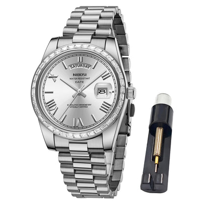 HOTNIBOSI Men's Watches Analog Quartz Diamond Bezel Stainless Steel Dial Rose Gold Silver Watches for Men Waterproof Business Classic Dress Wrist Watch with Day Date
