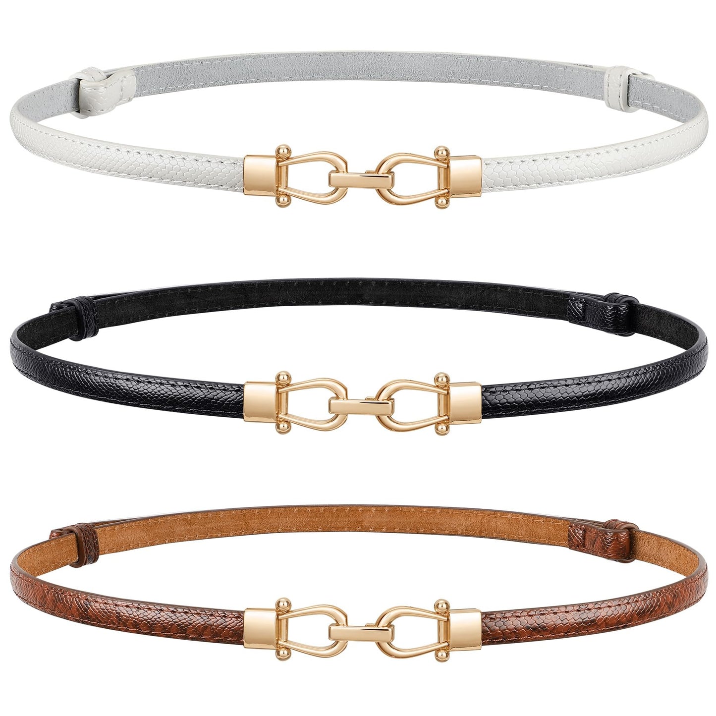 HOTJASGOOD Leather Skinny Belts for Women Plus Size Ladies Thin Waist Belts Adjustable for Jeans Pants Dresses with Gold Buckle