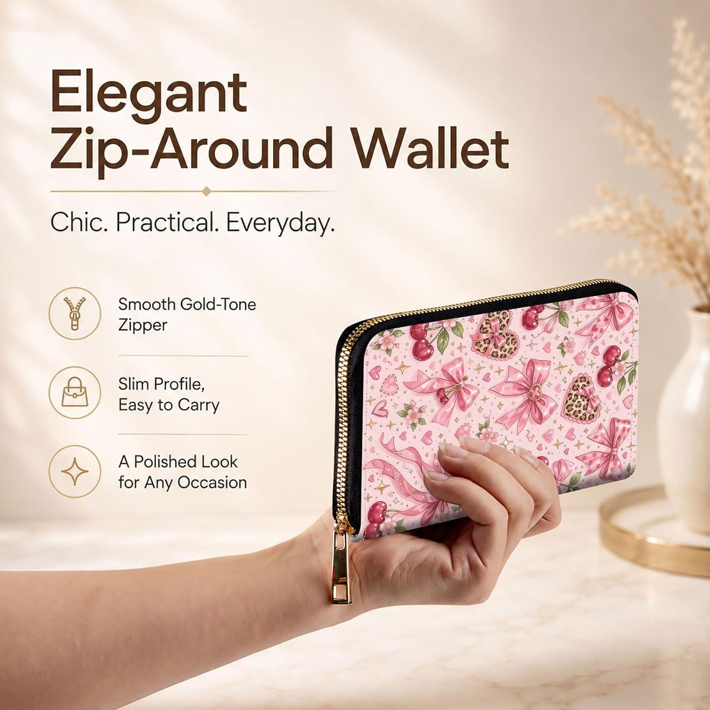 HOTWomens Wallet Large Capacity RFID Blocking Wristlet Wallets for Women Premium PU Leather Clutch Purse Phone Holder Travel Long Wallet, Gifts for Women Girls, Pink Bow Pattern