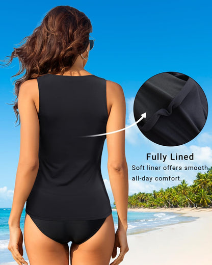 HOTDaci Tankini Tops for Women Tummy Control Swim Top Only | High Neck, Ruched Front, Full Coverage, Removable Pads, No Bottom, Soft Stretch Fabric, Fully Lined, Beach and Water Sports