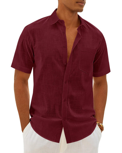 HOTMens Linen Textured Shirt Cotton Short Sleeve Summer Button Down Shirts | 100% Cotton, Linen-look Texture, Casual Wear, Breathable Feel, Lightweight, Untucked, Regular Fit, Beach, Vacation, Resort