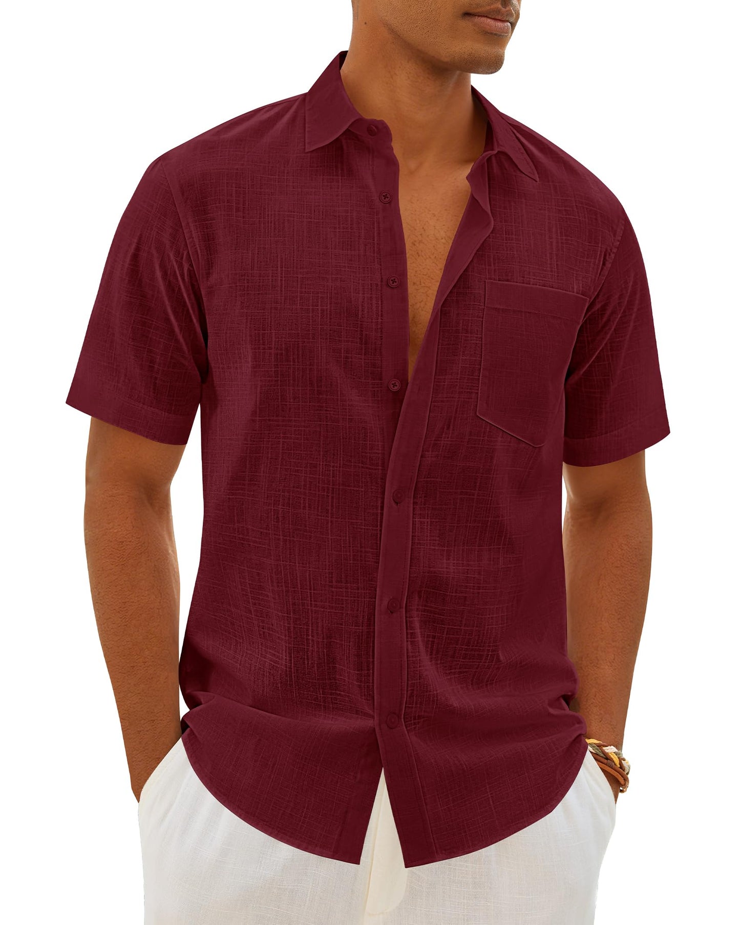 HOTMens Linen Textured Shirt Cotton Short Sleeve Summer Button Down Shirts | 100% Cotton, Linen-look Texture, Casual Wear, Breathable Feel, Lightweight, Untucked, Regular Fit, Beach, Vacation, Resort