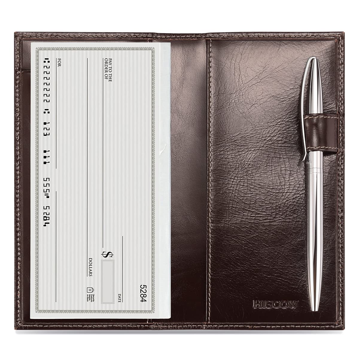 HOTHISCOW Leather Checkbook Cover for Duplicate Checks with Pen Holder | Full grain cowhide, personal check book & register pockets, removable vinyl divider, durable stitching, gifts for women men