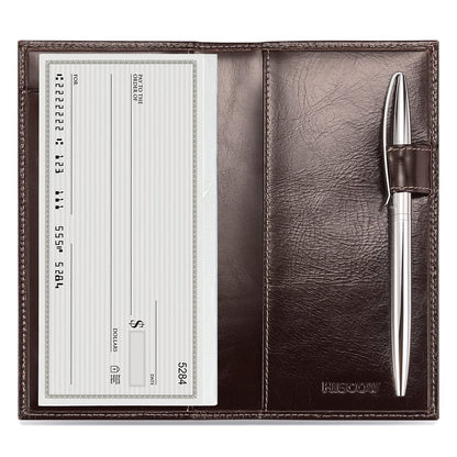 HOTHISCOW Leather Checkbook Cover for Duplicate Checks with Pen Holder | Full grain cowhide, personal check book & register pockets, removable vinyl divider, durable stitching, gifts for women men