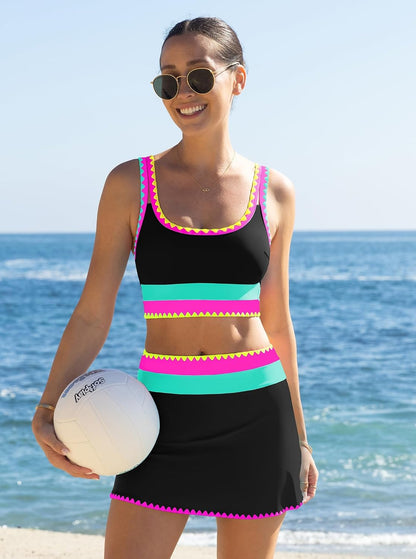 HOTpopvil High Waisted Bikini Sets for Women Tummy Control Swimsuits 3 Piece Bathing Suits Neon Swimwear with Skirt 2026