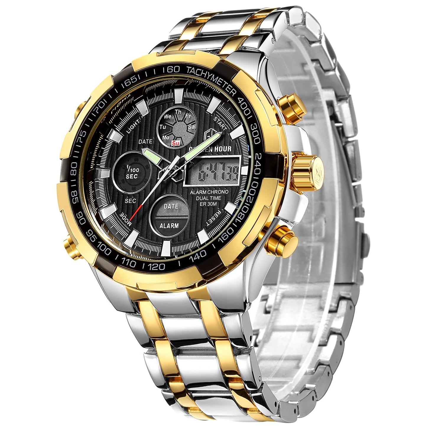HOTGOLDEN HOUR Luxury Stainless Steel Analog Digital Watches for Men Male Outdoor Sport Waterproof Big Heavy Wristwatch
